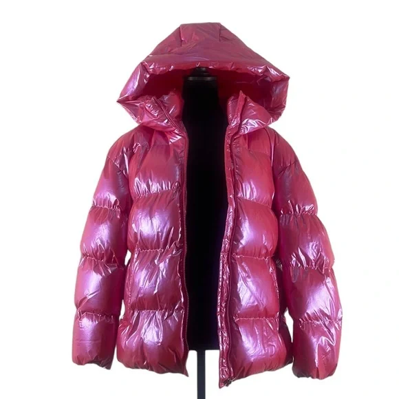 Hot pink, puffer,jacket with hood,Large, New - Picture 6 of 7